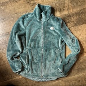 The North Face zip up fuzzy sweater. Light aqua color. Barely worn